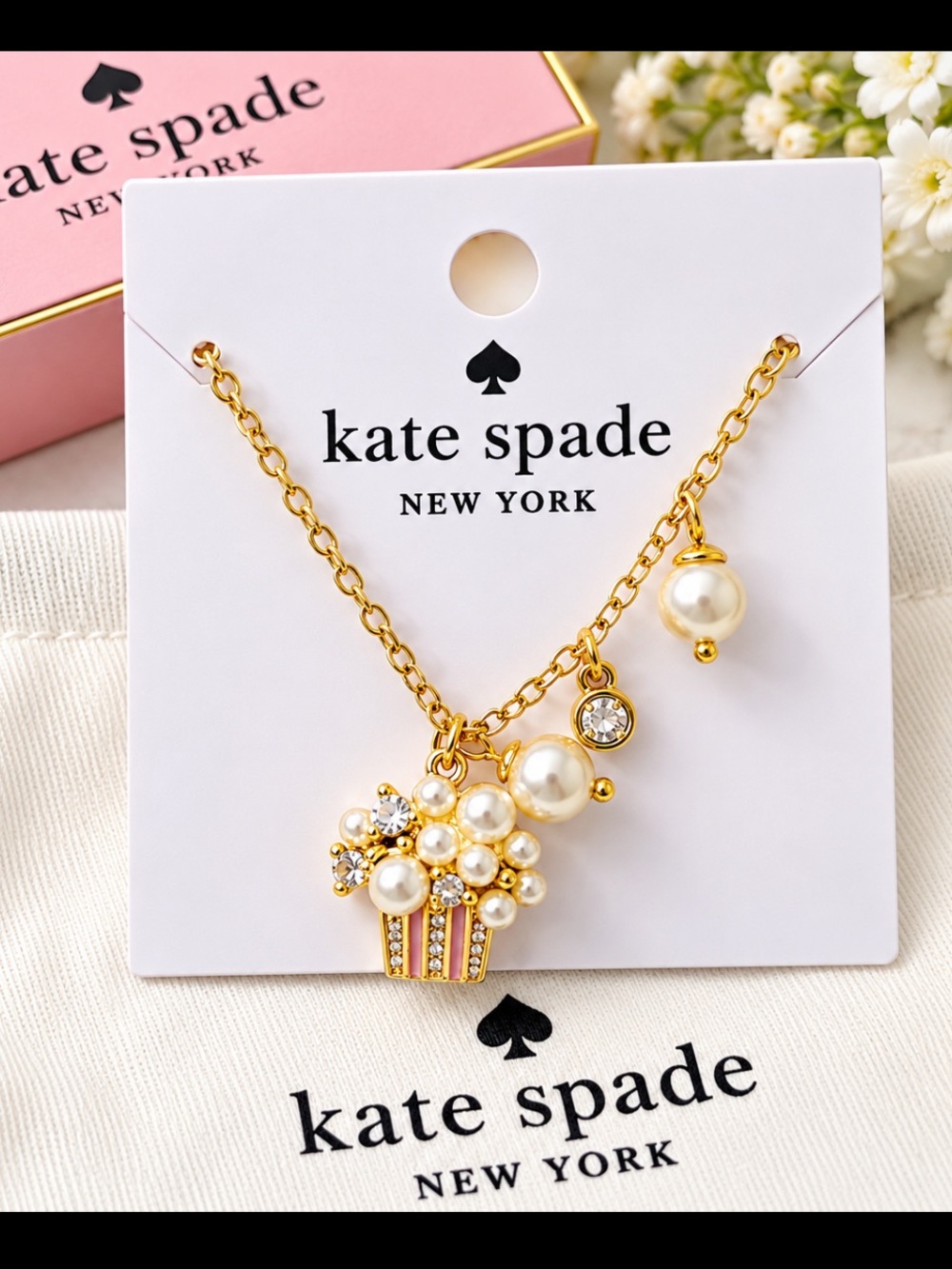 kate spade Gold Pearl & Crystal Cupcake Charm Necklace - Pink Accent